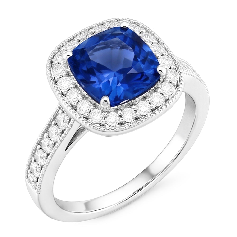 Cushion Sri Lanka Blue Sapphire Natural Earth Mined Diamonds 3.40 Ct Ring White Gold 14K