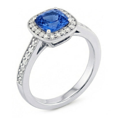 Cushion Sri Lanka Blue Sapphire Natural Earth Mined Diamonds 3.40 Ct Ring White Gold 14K