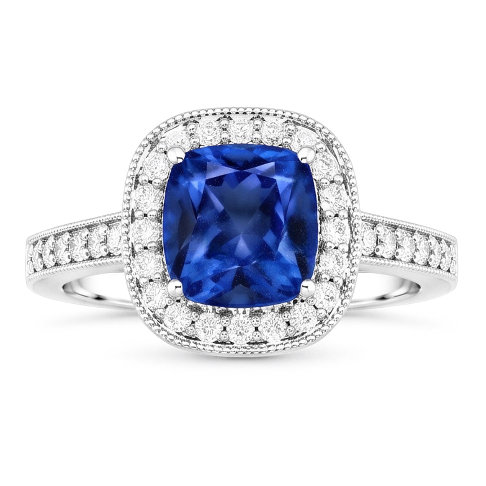Cushion Sri Lanka Blue Sapphire Natural Earth Mined Diamonds 3.40 Ct Ring White Gold 14K