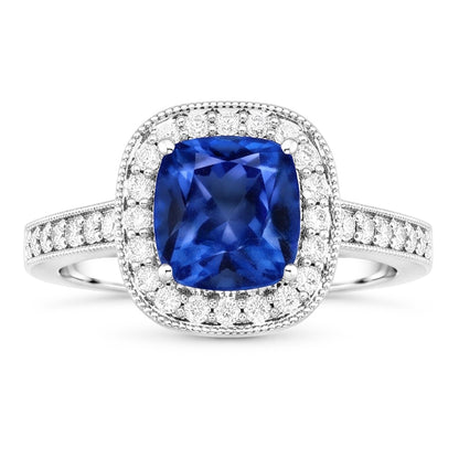 Cushion Sri Lanka Blue Sapphire Natural Earth Mined Diamonds 3.40 Ct Ring White Gold 14K
