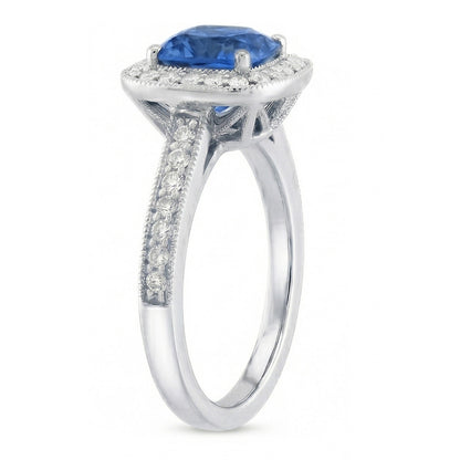 Cushion Sri Lanka Blue Sapphire Natural Earth Mined Diamonds 3.40 Ct Ring White Gold 14K