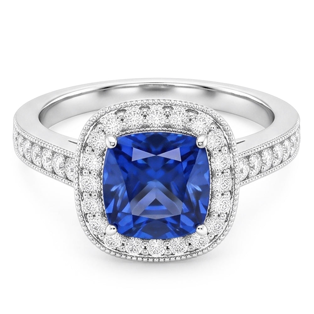Cushion Sri Lanka Blue Sapphire Natural Earth Mined Diamonds 3.40 Ct Ring White Gold 14K