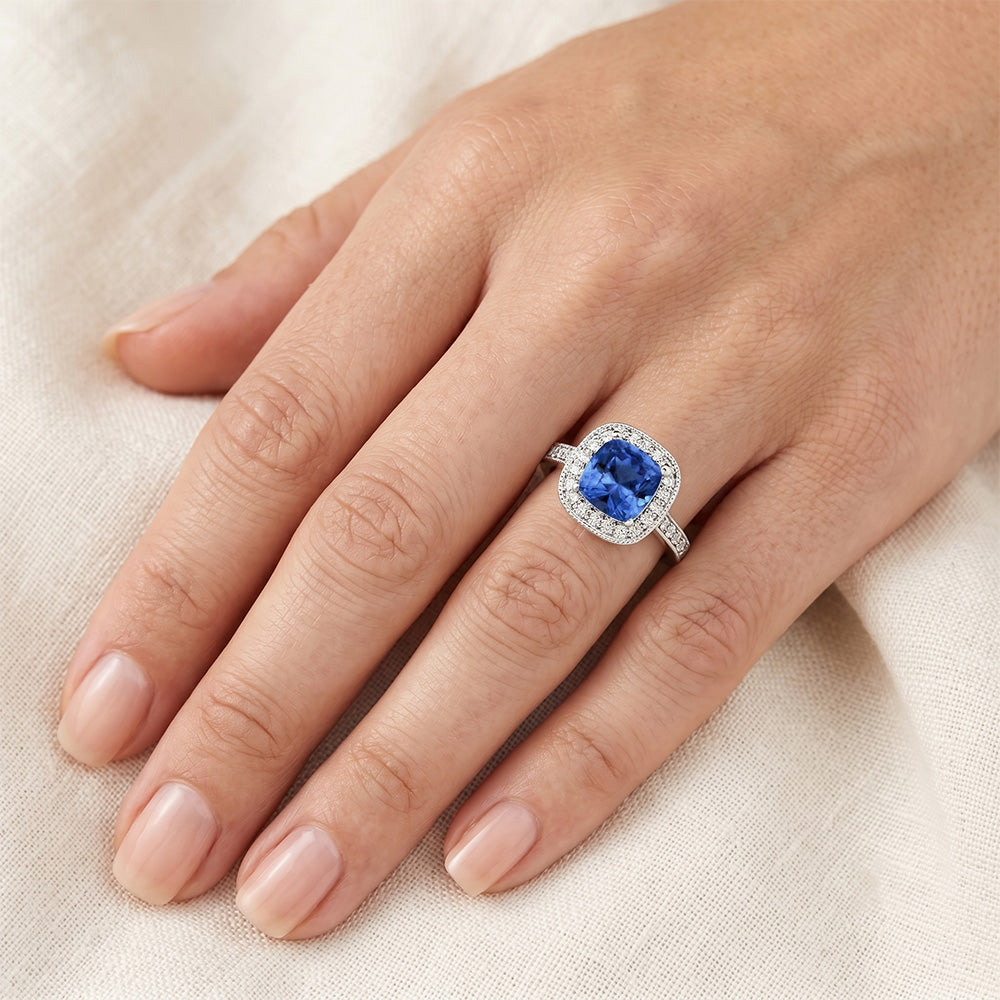 Cushion Sri Lanka Blue Sapphire Natural Earth Mined Diamonds 3.40 Ct Ring White Gold 14K