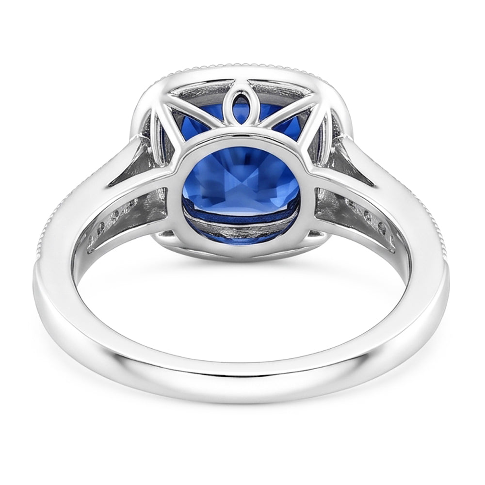 Cushion Sri Lanka Blue Sapphire Natural Earth Mined Diamonds 3.40 Ct Ring White Gold 14K