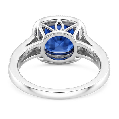 Cushion Sri Lanka Blue Sapphire Natural Earth Mined Diamonds 3.40 Ct Ring White Gold 14K