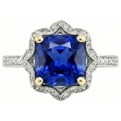 Cushion Sri Lanka Sapphire Natural Earth Mined Diamonds Ring 5.66 Ct. Two Tone Gold