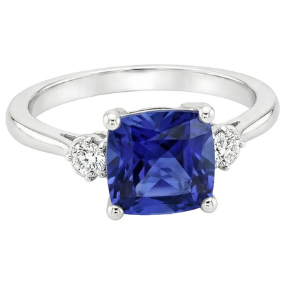Cushion Sri Lankan Sapphire Natural Earth Mined Diamond 3 Stone Ring 2.75 Carats
