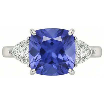 Cushion Tanzanite AAA Natural Earth Mined Diamonds 3 Carat 3-Stone Ring White Gold 14K