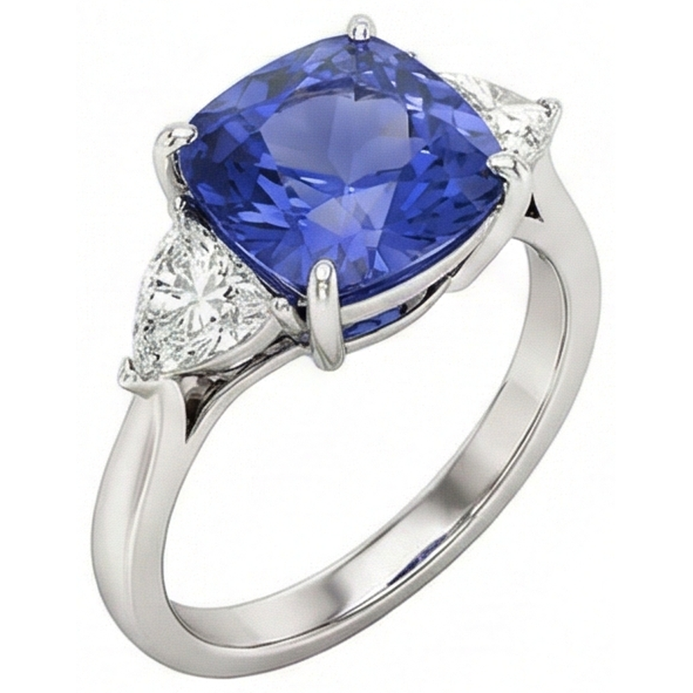 Cushion Tanzanite AAA Natural Earth Mined Diamonds 3 Carat 3-Stone Ring White Gold 14K