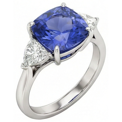 Cushion Tanzanite AAA Natural Earth Mined Diamonds 3 Carat 3-Stone Ring White Gold 14K