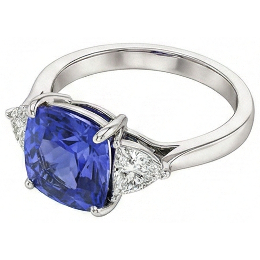 Cushion Tanzanite AAA Natural Earth Mined Diamonds 3 Carat 3-Stone Ring White Gold 14K