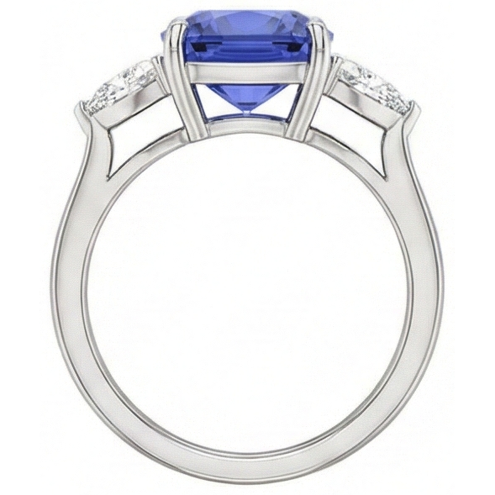 Cushion Tanzanite AAA Natural Earth Mined Diamonds 3 Carat 3-Stone Ring White Gold 14K