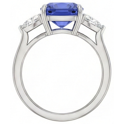 Cushion Tanzanite AAA Natural Earth Mined Diamonds 3 Carat 3-Stone Ring White Gold 14K