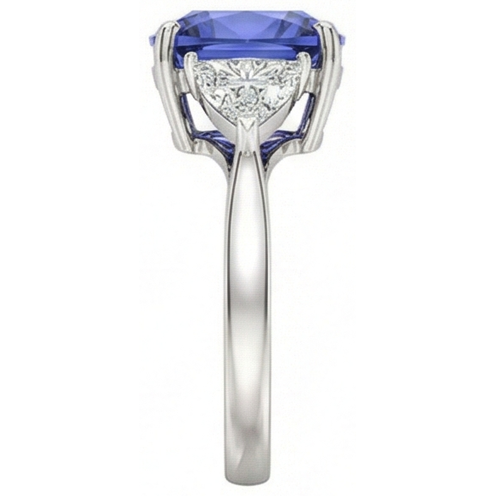 Cushion Tanzanite AAA Natural Earth Mined Diamonds 3 Carat 3-Stone Ring White Gold 14K