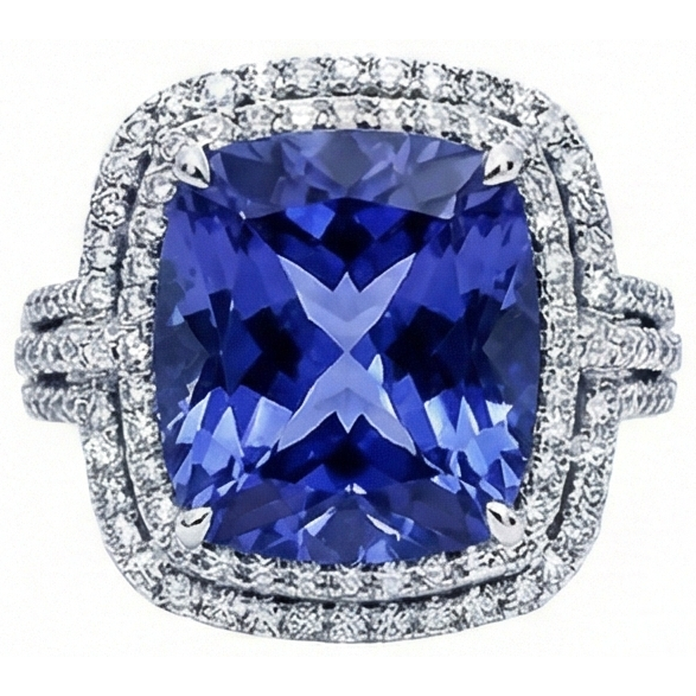Cushion Tanzanite And Round Natural Earth Mined Diamonds 4.50 Carats Ring Gemstone Jewelry