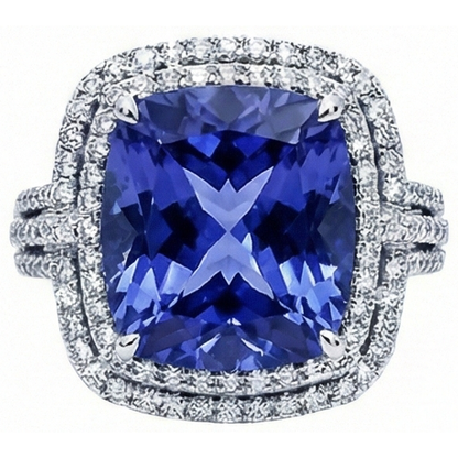 Cushion Tanzanite And Round Natural Earth Mined Diamonds 4.50 Carats Ring Gemstone Jewelry