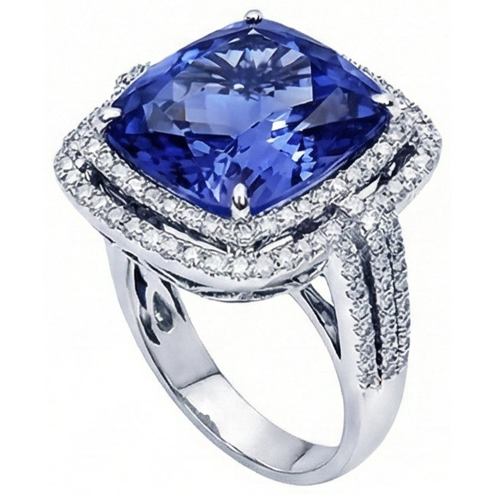 Cushion Tanzanite And Round Natural Earth Mined Diamonds 4.50 Carats Ring Gemstone Jewelry