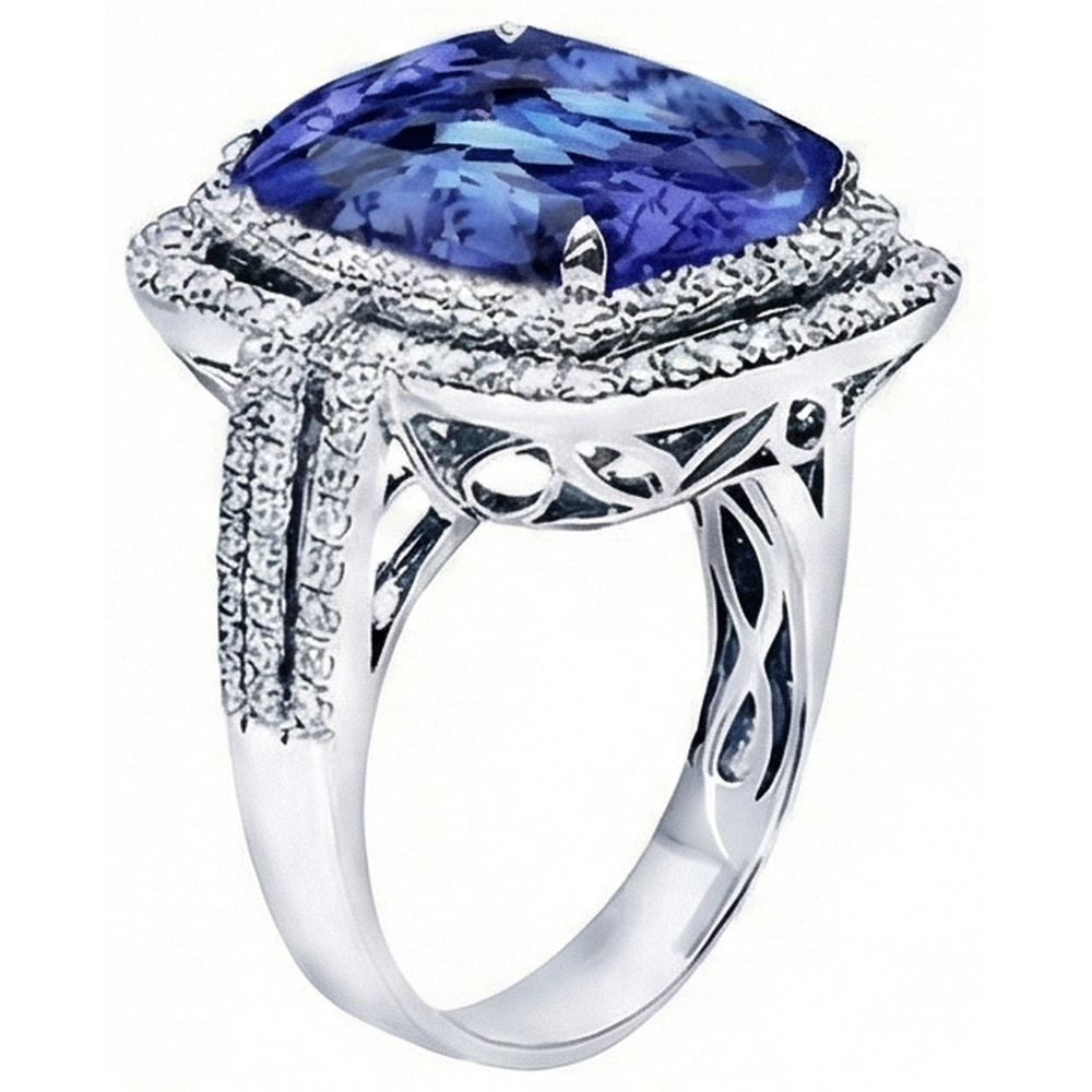 Cushion Tanzanite And Round Natural Earth Mined Diamonds 4.50 Carats Ring Gemstone Jewelry