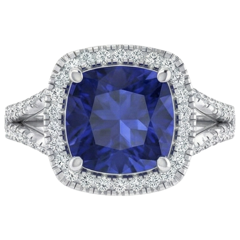 Natural Real ( Not Lab Grown )  Cushion Tanzanite Halo Gemstone Ring 6.50 Carats Split Shank