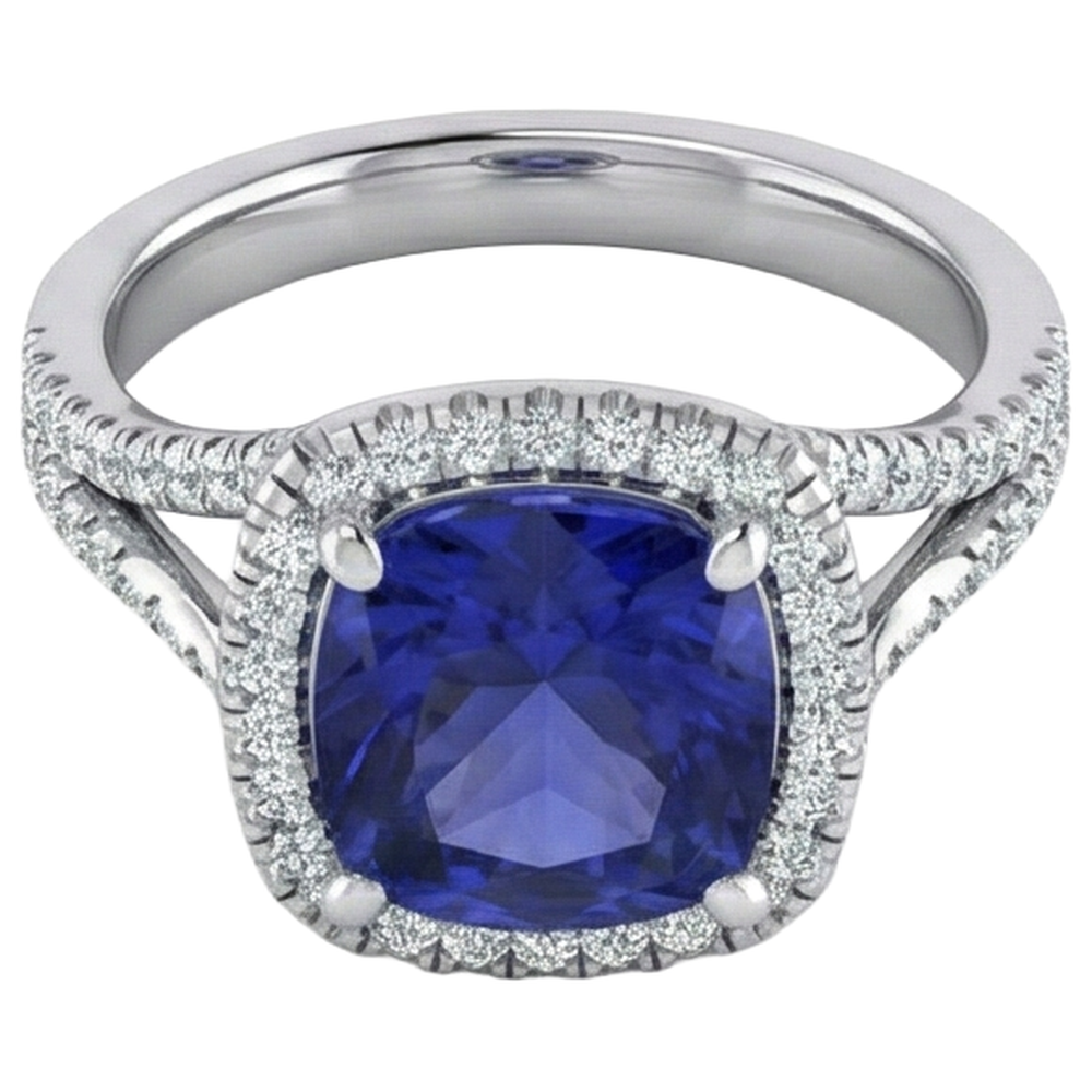 Natural Real ( Not Lab Grown )  Cushion Tanzanite Halo Gemstone Ring 6.50 Carats Split Shank