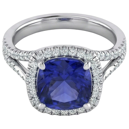 Natural Real ( Not Lab Grown )  Cushion Tanzanite Halo Gemstone Ring 6.50 Carats Split Shank