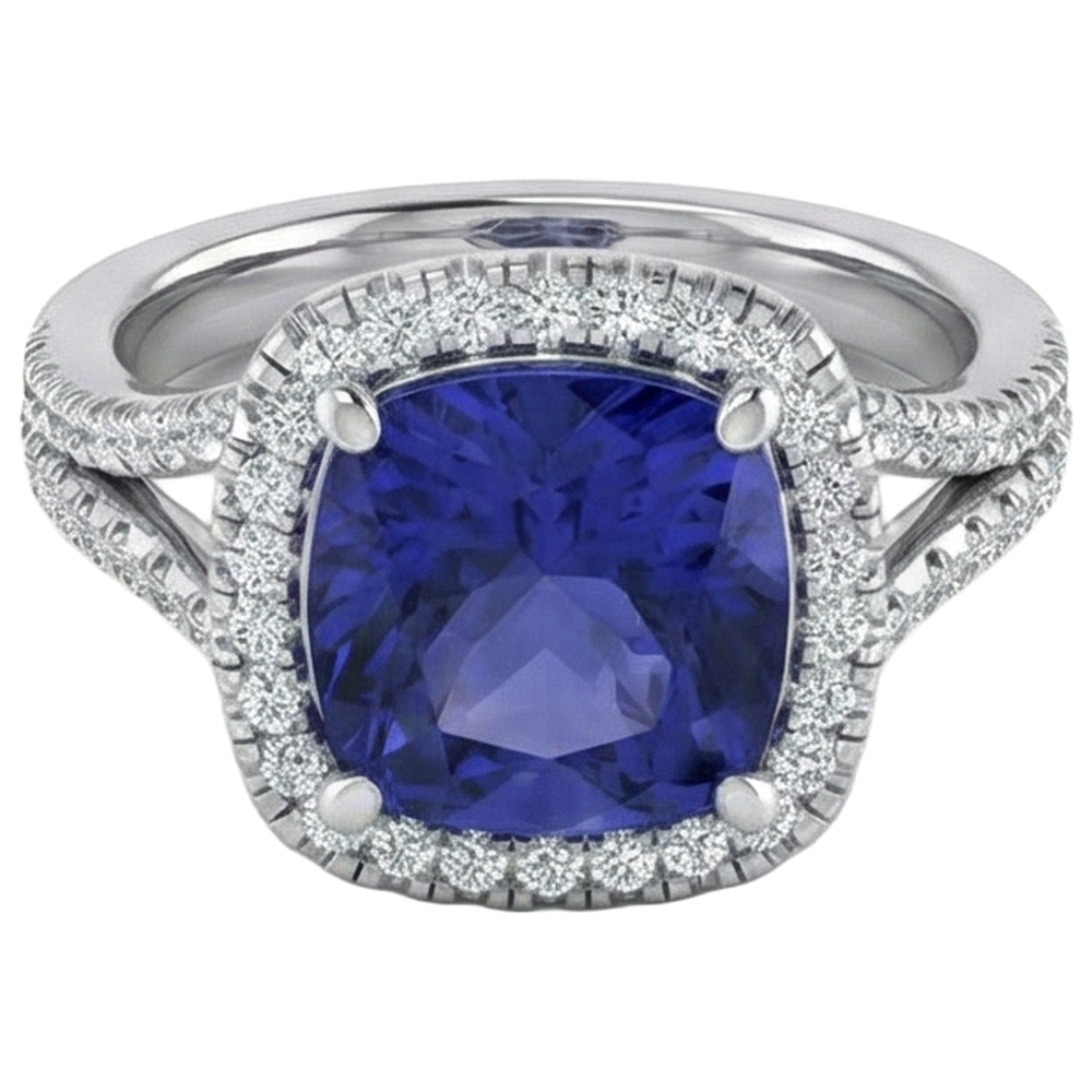 Natural Real ( Not Lab Grown )  Cushion Tanzanite Halo Gemstone Ring 6.50 Carats Split Shank