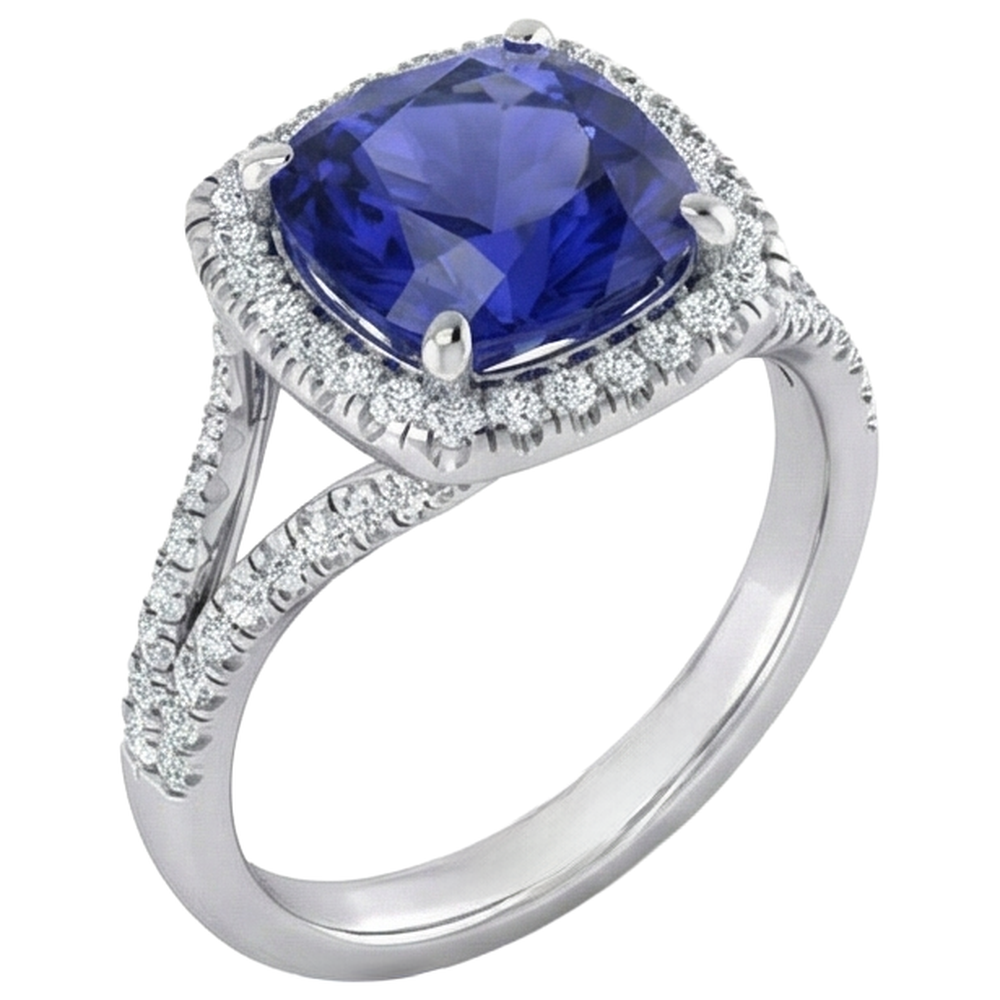 Natural Real ( Not Lab Grown )  Cushion Tanzanite Halo Gemstone Ring 6.50 Carats Split Shank