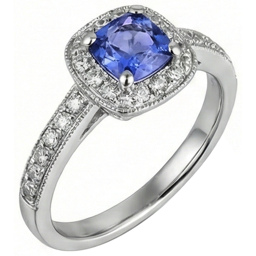 Cushion Tanzanite Natural Earth Mined Diamonds 2 Carat Halo Ring White Gold 14K