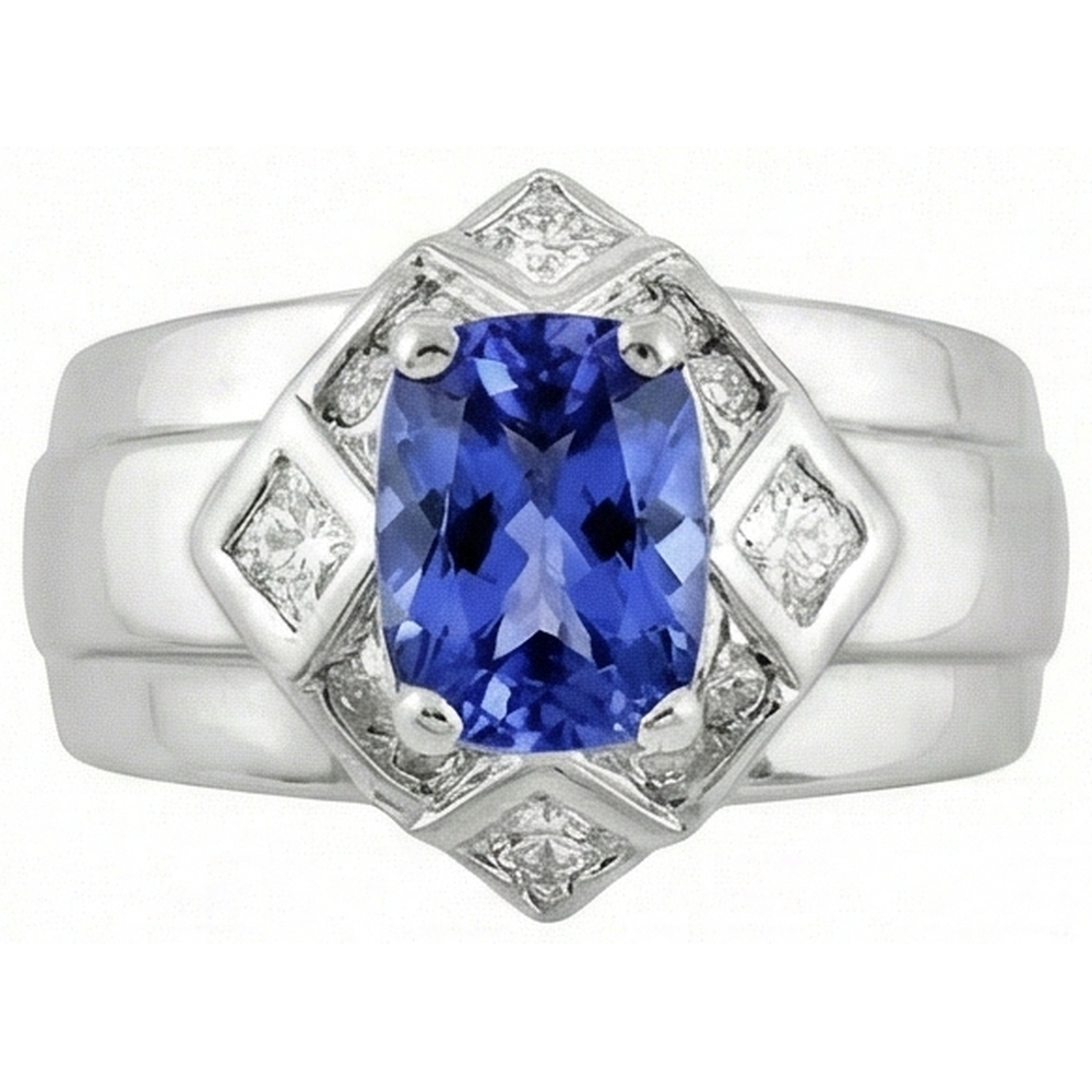 Cushion Tanzanite Natural Earth Mined Diamonds 5 Carats Ring White Gold 14K