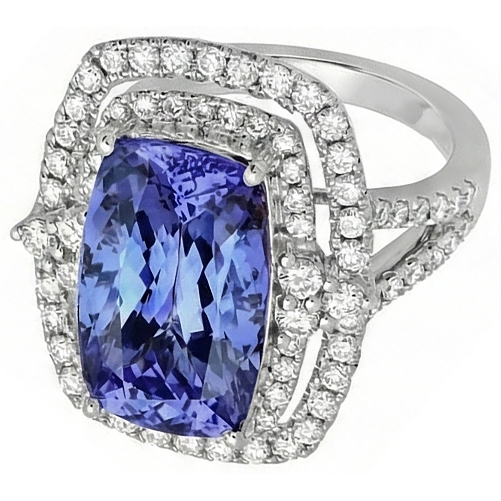 Cushion Tanzanite & Natural Earth Mined Diamond 7 Carats Halo Fancy Statement Ring Gold White 14K