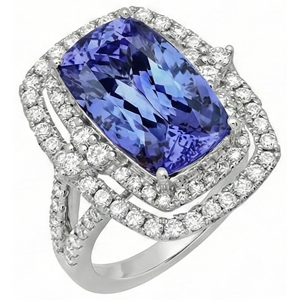 Cushion Tanzanite & Natural Earth Mined Diamond 7 Carats Halo Fancy Statement Ring Gold White 14K