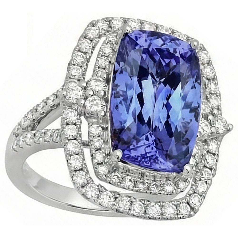 Cushion Tanzanite & Natural Earth Mined Diamond 7 Carats Halo Fancy Statement Ring Gold White 14K