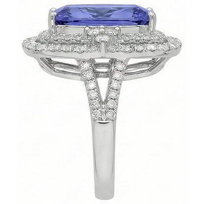 Cushion Tanzanite & Natural Earth Mined Diamond 7 Carats Halo Fancy Statement Ring Gold White 14K