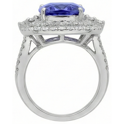 Cushion Tanzanite & Natural Earth Mined Diamond 7 Carats Halo Fancy Statement Ring Gold White 14K