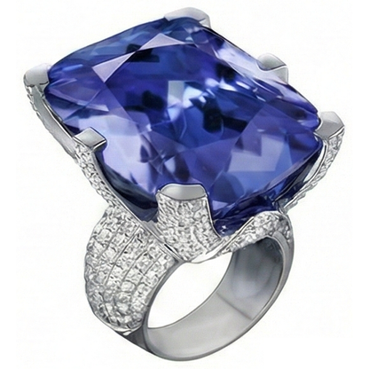 Cushion Tanzanite & Round Natural Earth Mined Diamonds Gold 8.50 Carat Statement Ring New