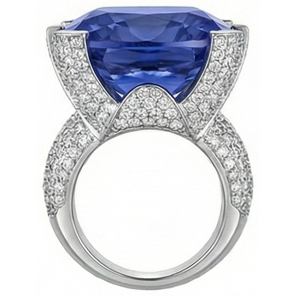 Cushion Tanzanite & Round Natural Earth Mined Diamonds Gold 8.50 Carat Statement Ring New