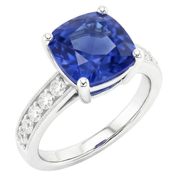Cushion & Round Cut 3.30 Carats Ceylon Sapphire Natural Earth Mined Diamonds Ring WG 14K