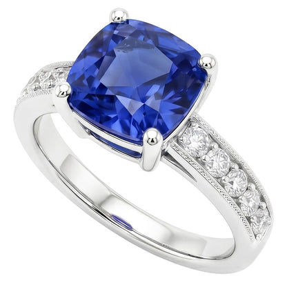 Cushion & Round Cut 3.30 Carats Ceylon Sapphire Natural Earth Mined Diamonds Ring WG 14K