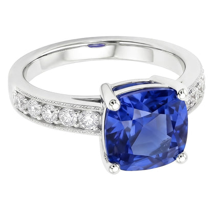 Cushion & Round Cut 3.30 Carats Ceylon Sapphire Natural Earth Mined Diamonds Ring WG 14K