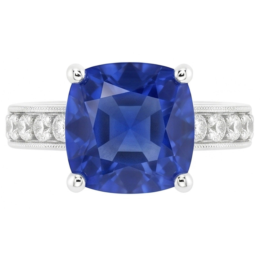 Cushion & Round Cut 3.30 Carats Ceylon Sapphire Natural Earth Mined Diamonds Ring WG 14K