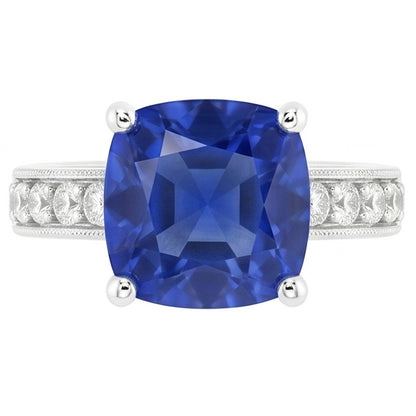 Cushion & Round Cut 3.30 Carats Ceylon Sapphire Natural Earth Mined Diamonds Ring WG 14K