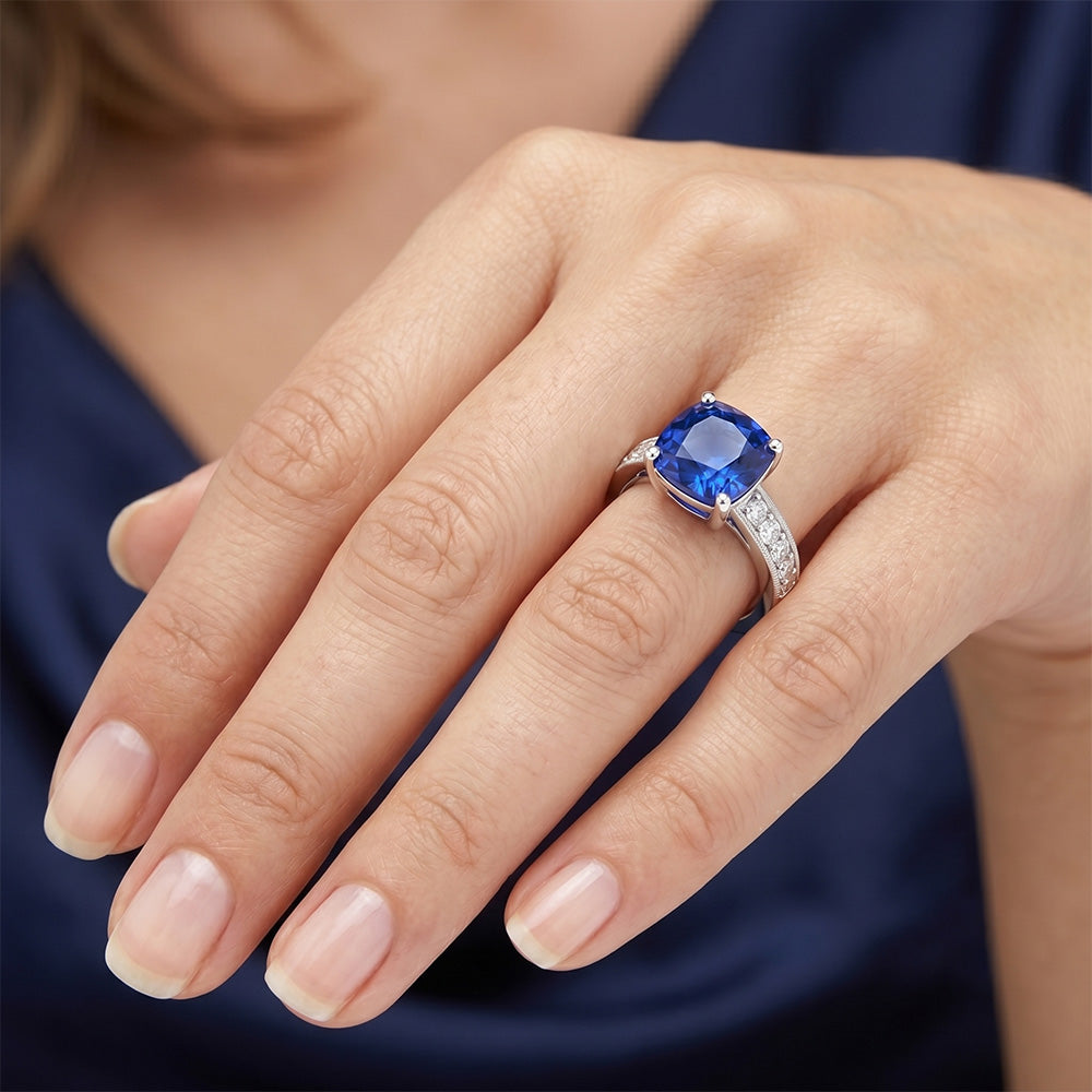 Cushion & Round Cut 3.30 Carats Ceylon Sapphire Natural Earth Mined Diamonds Ring WG 14K