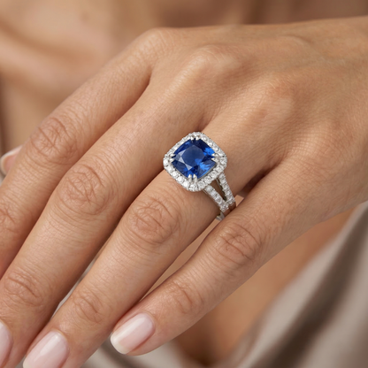 Cushion Ceylon Sapphire Natural Earth Mined Diamond Ring Accents 3 Carats WG 14K