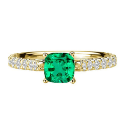 Cushion Cut Green Emerald Ring With Accents Yellow Gold 14K