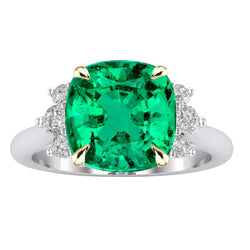 Natural Real ( Not Lab Grown ) Cushion Gemstone Ring Green Emerald GIA With Diamonds Jewelry