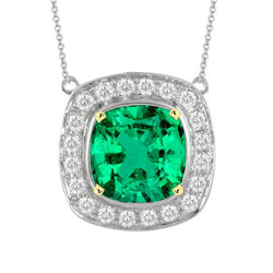 Natural Real ( Not Lab Grown ) Cushion Green Emerald GIA Halo Pendant With Chain