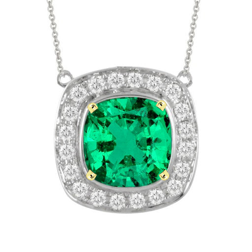 Cushion Green Emerald Halo Pendant With Chain