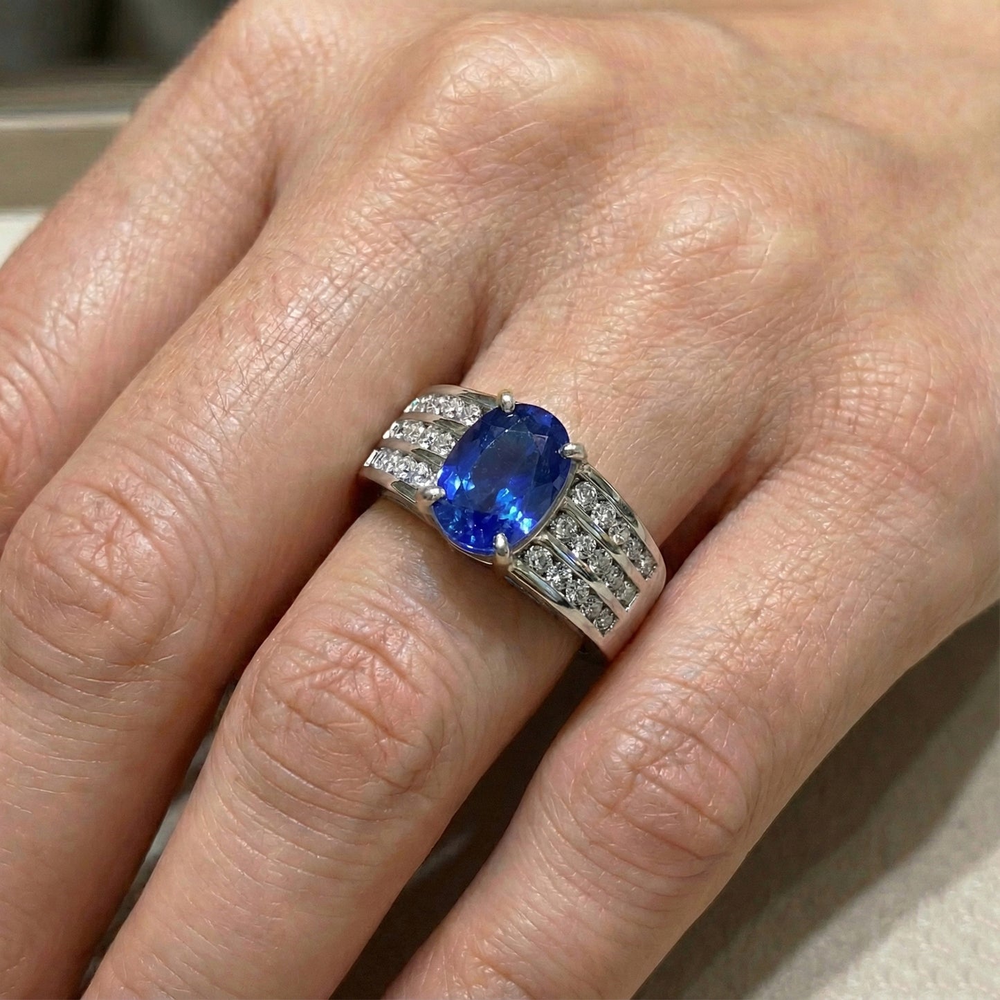 Cushion Kashmir Sapphire With Natural Earth Mined Diamonds Ring 3.50 Ct Gold White 14K