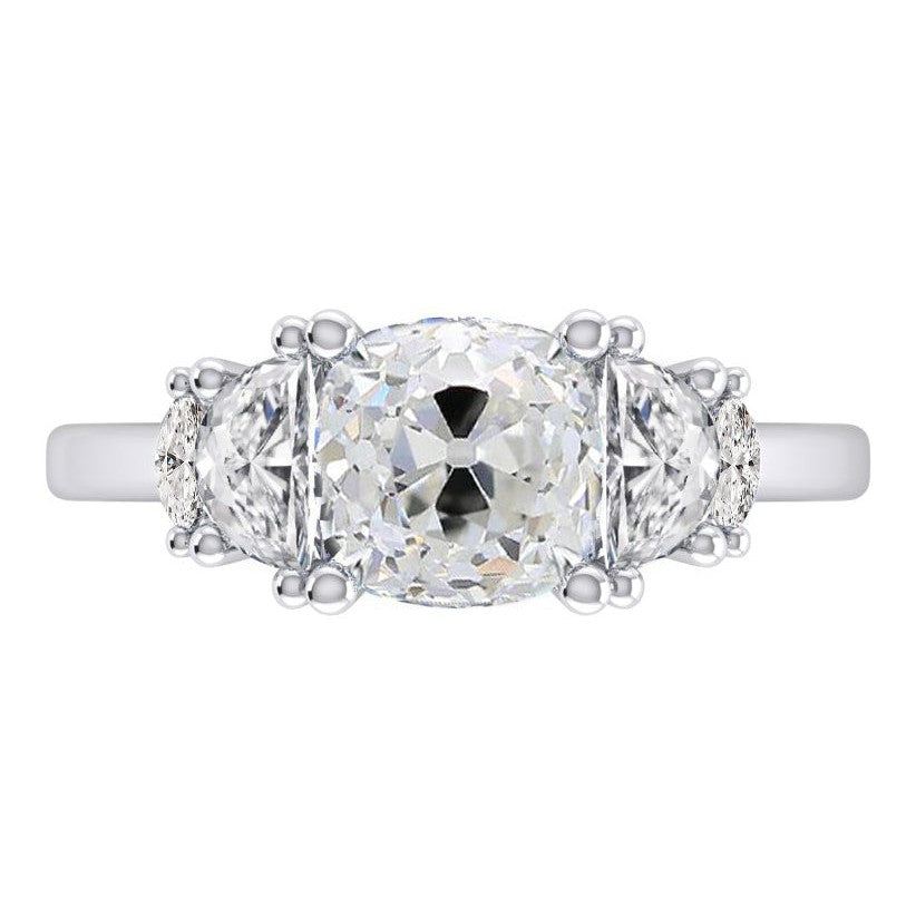 Cushion Old Cut Diamond Ring 4.50 Carats With Marquise & Half Moons