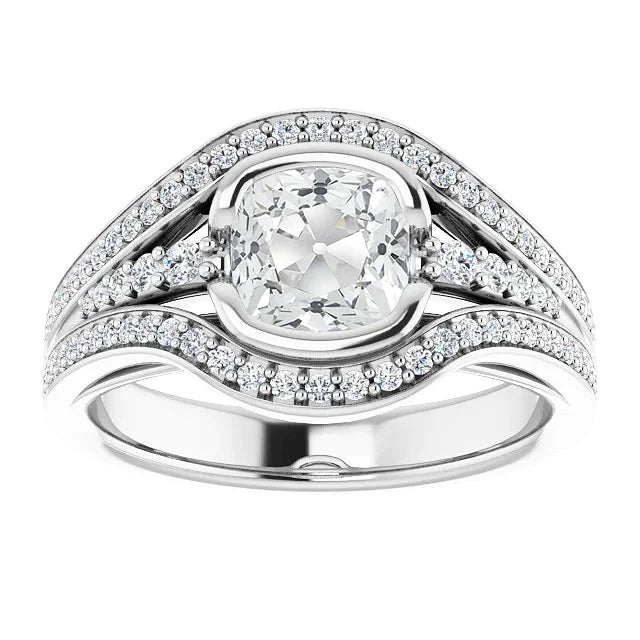 Cushion Old Miner Diamond Ring Half Bezel Set 5.50 Carats White Gold